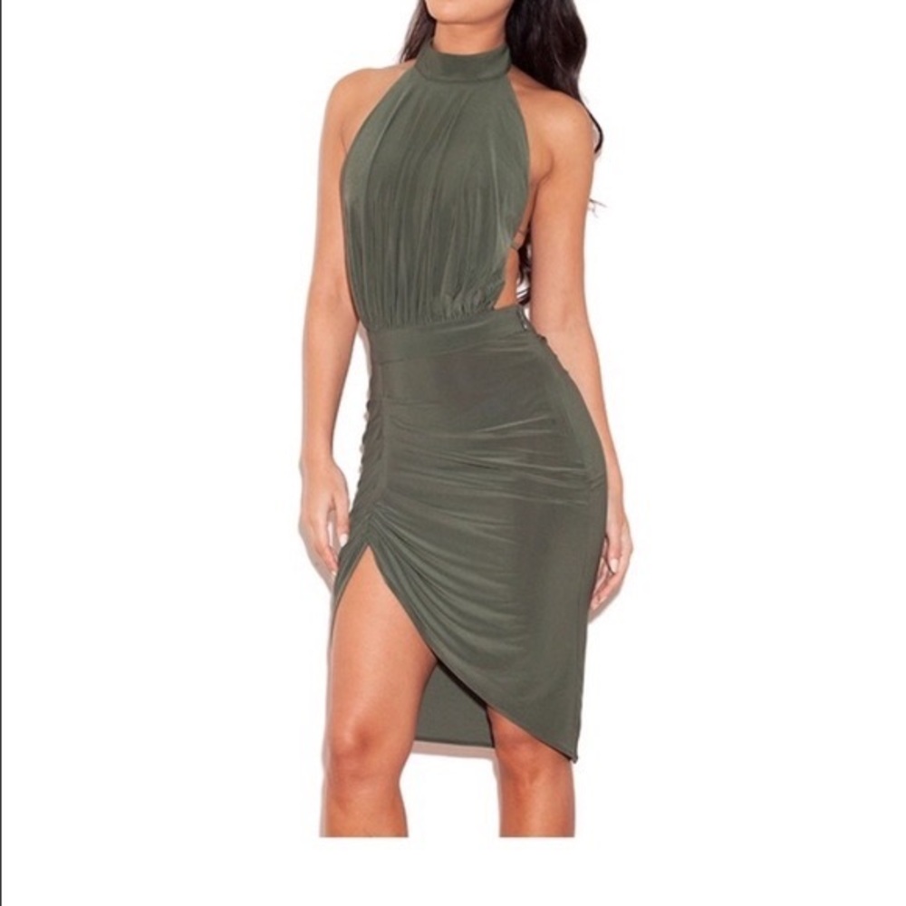 House of CB olive backless halter dress
